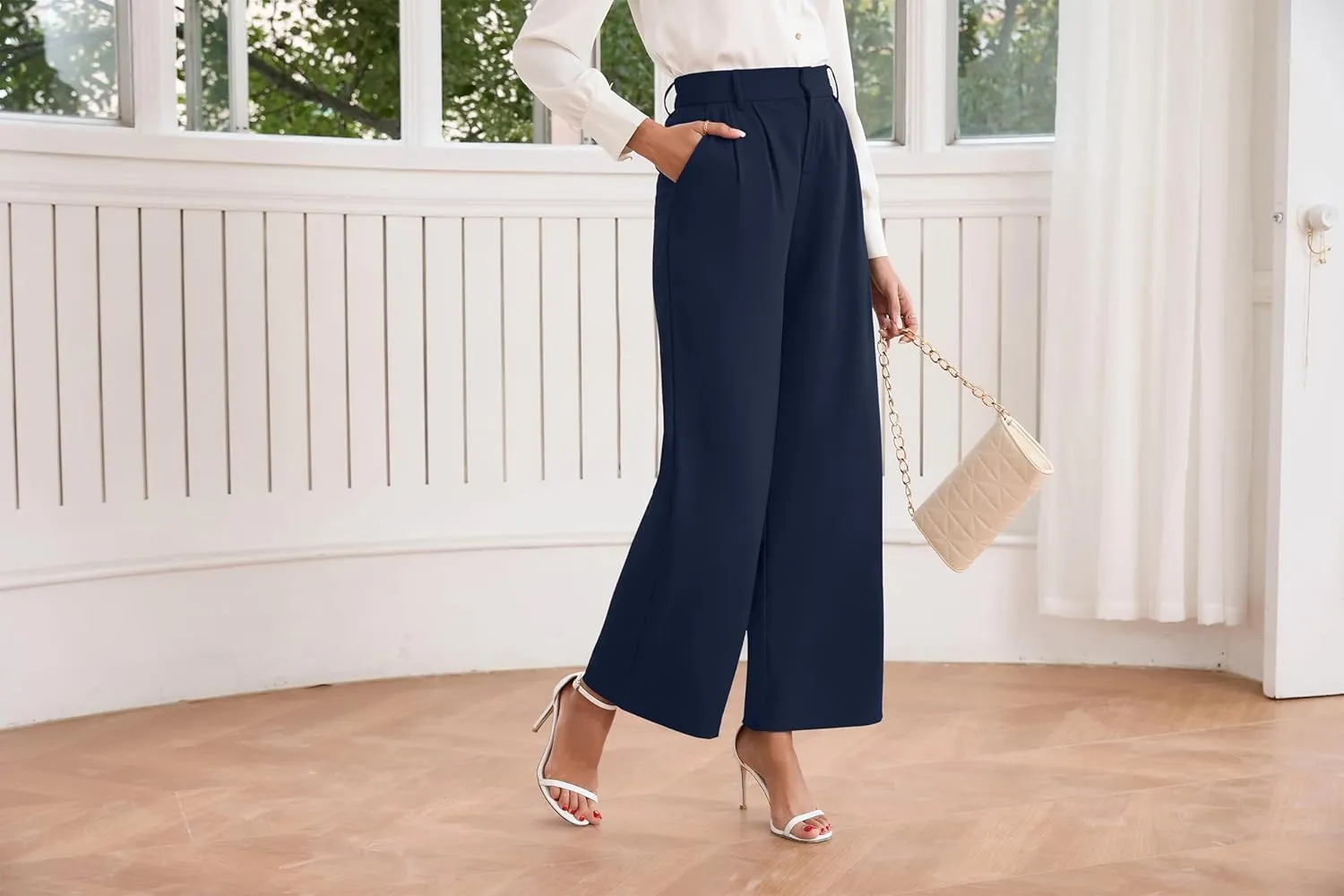 TASAMO Women High Waist Wide Leg Pants Elastic Waisted in The Back Office Business Casual Work Trousers Straight Suit Pants