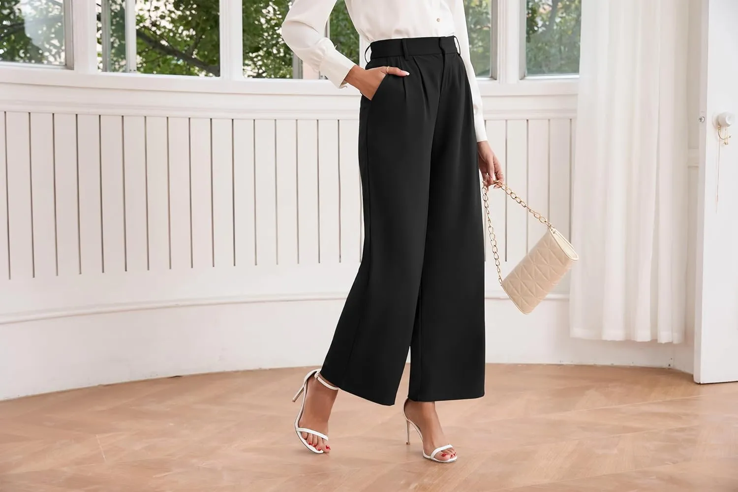 TASAMO Women High Waist Wide Leg Pants Elastic Waisted in The Back Office Business Casual Work Trousers Straight Suit Pants
