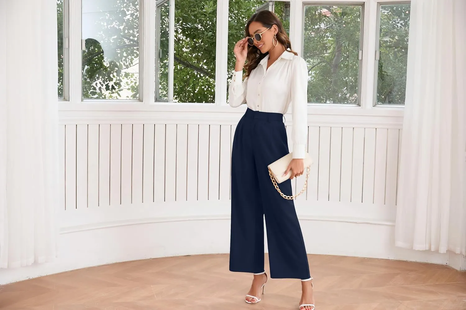 TASAMO Women High Waist Wide Leg Pants Elastic Waisted in The Back Office Business Casual Work Trousers Straight Suit Pants