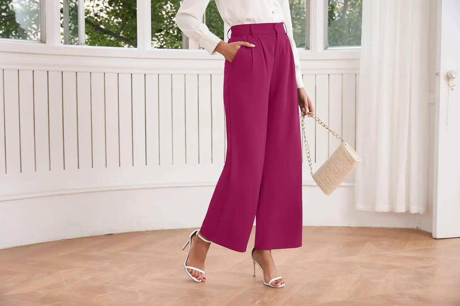 TASAMO Women High Waist Wide Leg Pants Elastic Waisted in The Back Office Business Casual Work Trousers Straight Suit Pants
