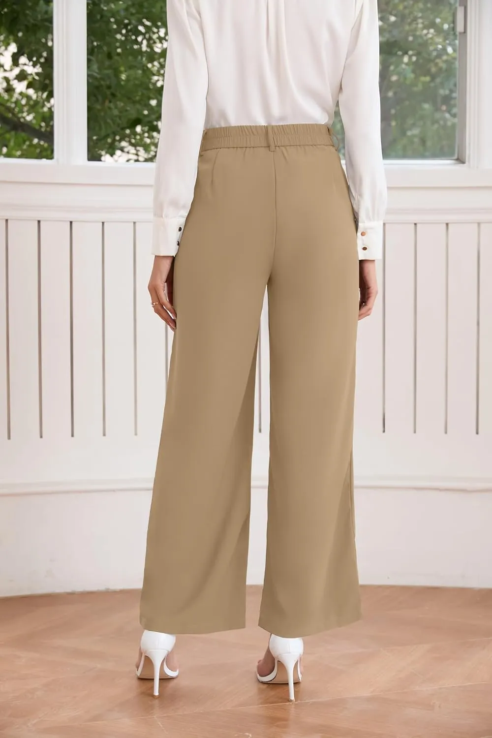TASAMO Women High Waist Wide Leg Pants Elastic Waisted in The Back Office Business Casual Work Trousers Straight Suit Pants
