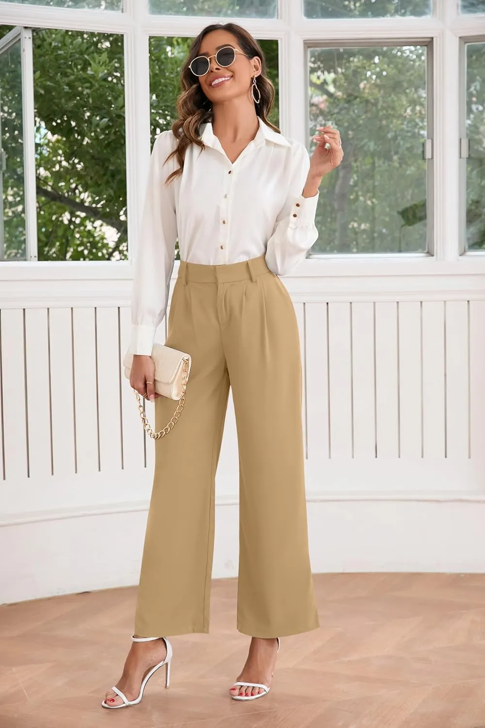 TASAMO Women High Waist Wide Leg Pants Elastic Waisted in The Back Office Business Casual Work Trousers Straight Suit Pants