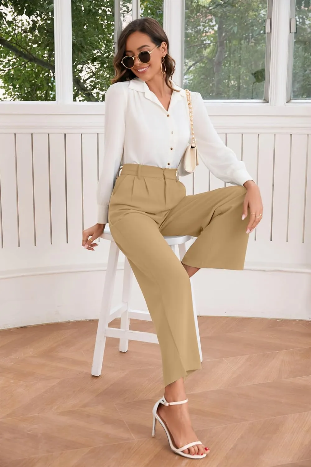 TASAMO Women High Waist Wide Leg Pants Elastic Waisted in The Back Office Business Casual Work Trousers Straight Suit Pants