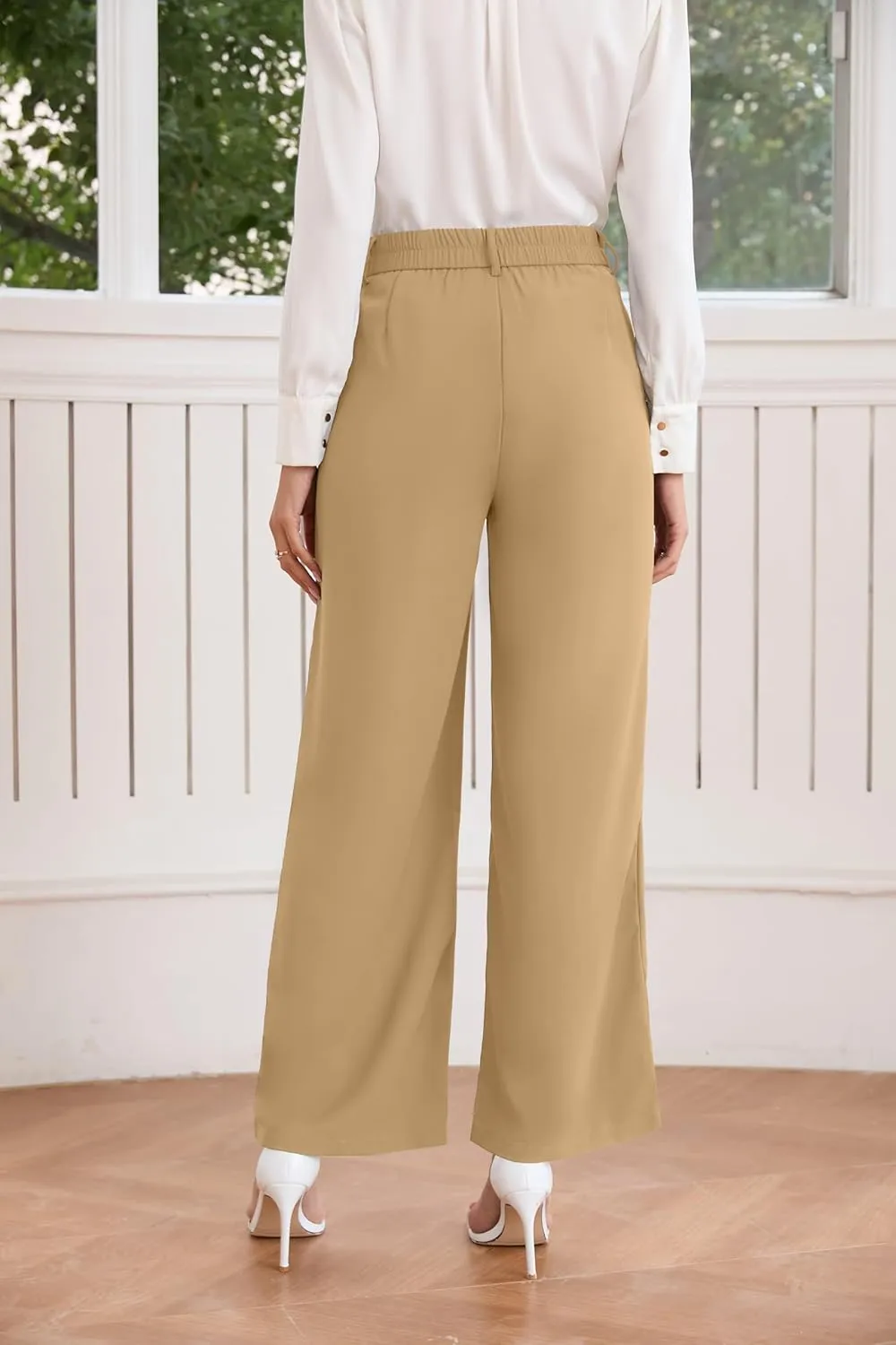 TASAMO Women High Waist Wide Leg Pants Elastic Waisted in The Back Office Business Casual Work Trousers Straight Suit Pants