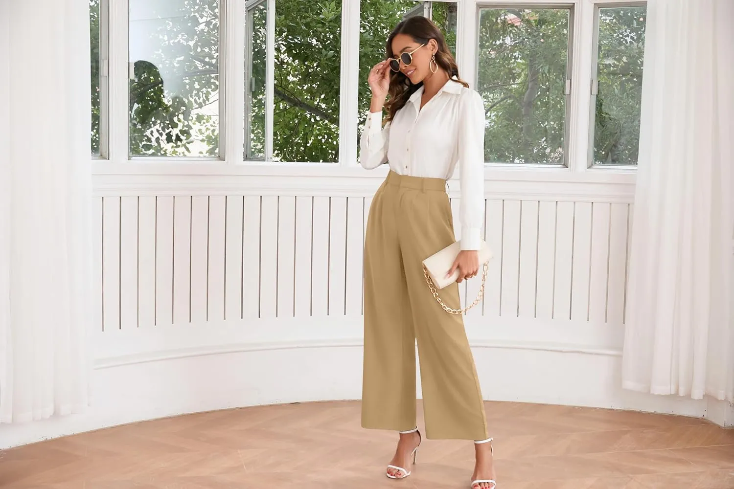 TASAMO Women High Waist Wide Leg Pants Elastic Waisted in The Back Office Business Casual Work Trousers Straight Suit Pants