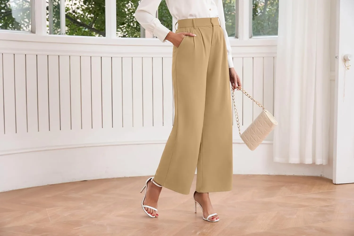 TASAMO Women High Waist Wide Leg Pants Elastic Waisted in The Back Office Business Casual Work Trousers Straight Suit Pants
