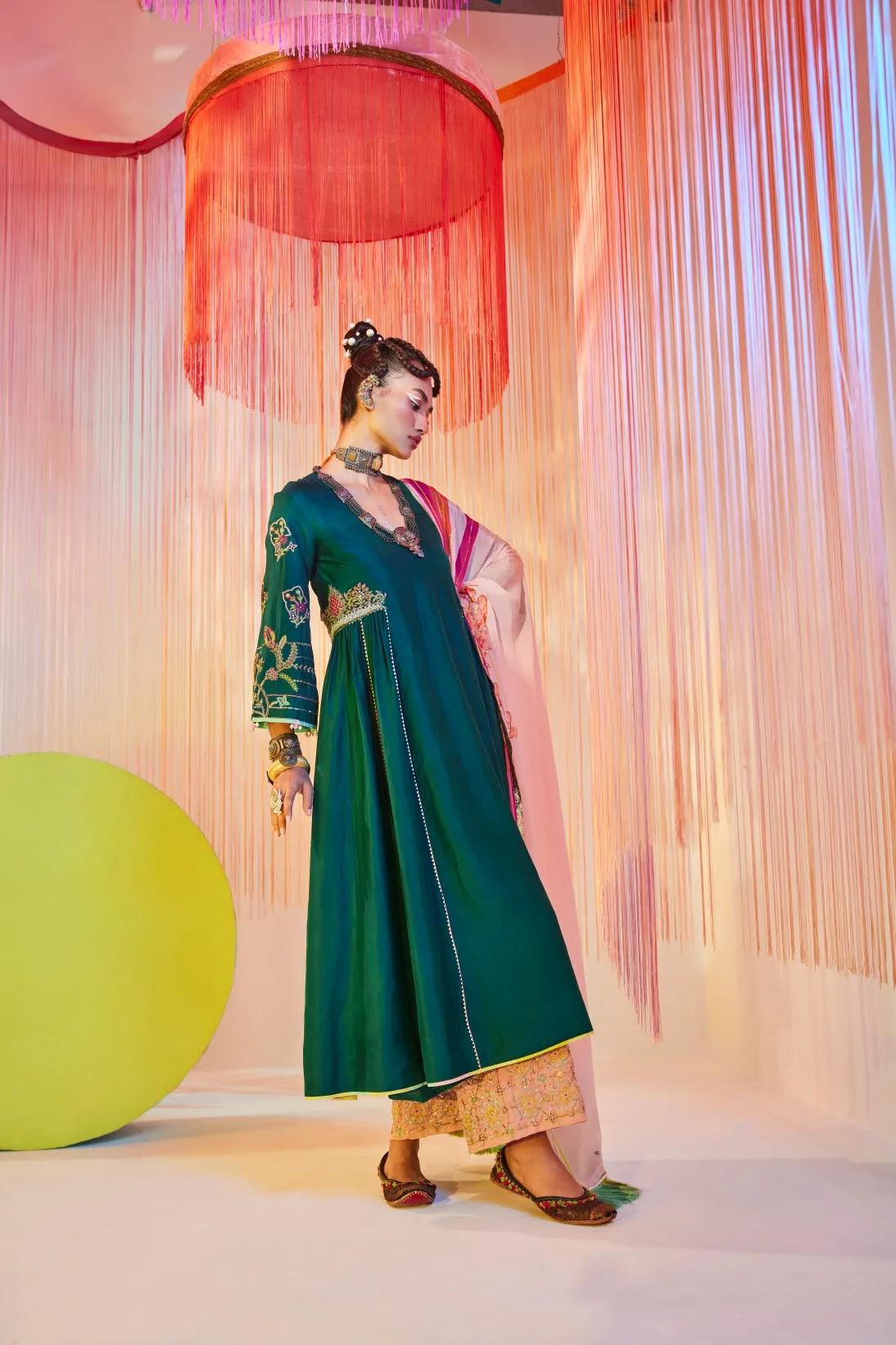 Teal Green Side Kali Kurta Set