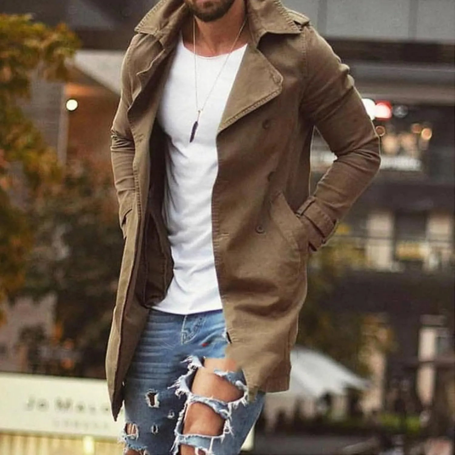 Trench Coat for Men Slim Notched Collar Single Breasted Cotton Jacket Oversized Lightweight Windproof Long Jacket