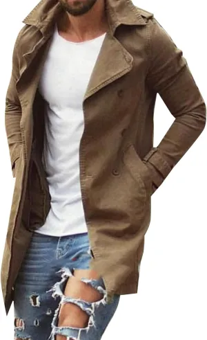 Trench Coat for Men Slim Notched Collar Single Breasted Cotton Jacket Oversized Lightweight Windproof Long Jacket