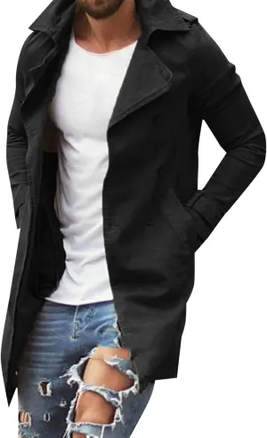 Trench Coat for Men Slim Notched Collar Single Breasted Cotton Jacket Oversized Lightweight Windproof Long Jacket