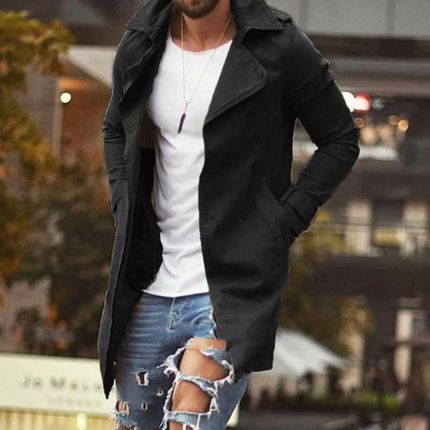 Trench Coat for Men Slim Notched Collar Single Breasted Cotton Jacket Oversized Lightweight Windproof Long Jacket