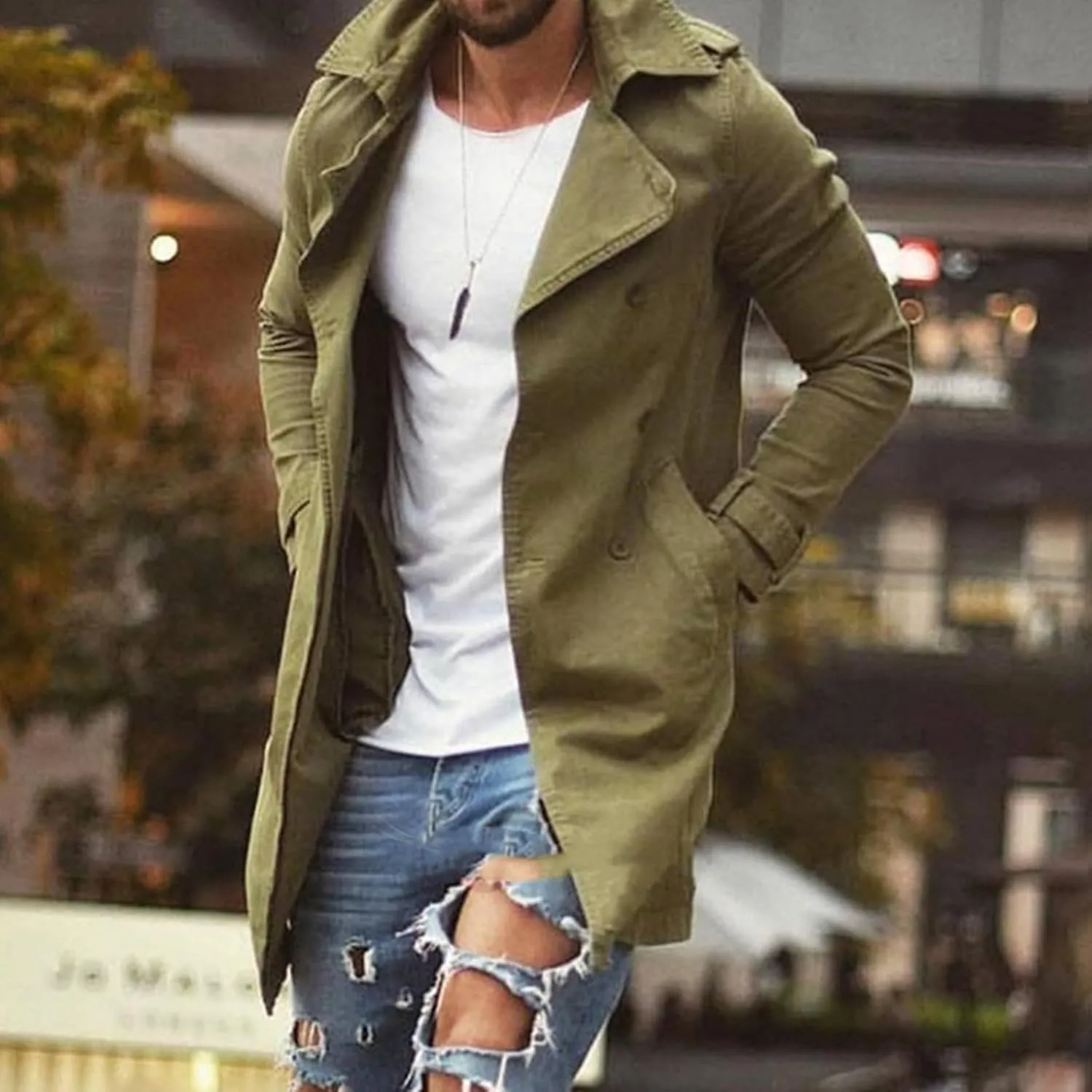 Trench Coat for Men Slim Notched Collar Single Breasted Cotton Jacket Oversized Lightweight Windproof Long Jacket