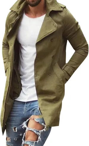 Trench Coat for Men Slim Notched Collar Single Breasted Cotton Jacket Oversized Lightweight Windproof Long Jacket