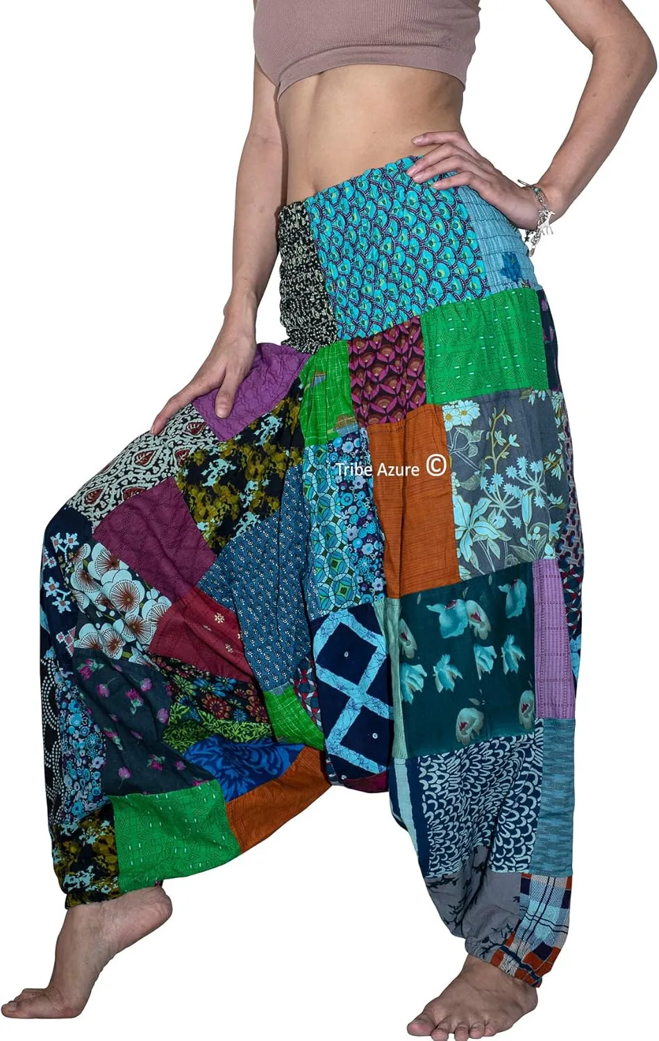 Tribe Azure 100% Cotton Casual Pants Patchwork Comfortable Baggy Yoga Hippie Boho Colorful
