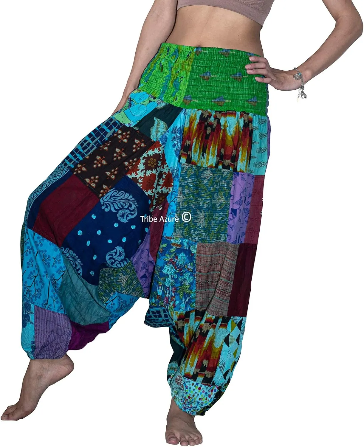 Tribe Azure 100% Cotton Casual Pants Patchwork Comfortable Baggy Yoga Hippie Boho Colorful