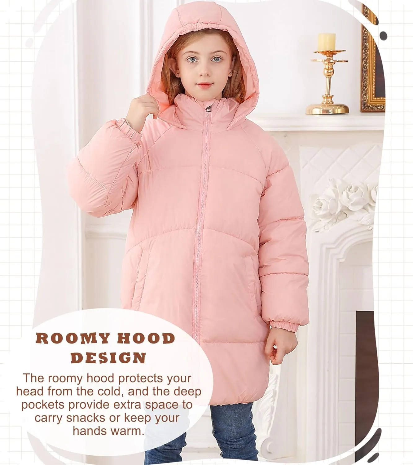 UNIFACO Girls Winter Coats Hooded Puffer Jackets Medium Length Down-like Cotton Coats Snow Outwear 5-12Y