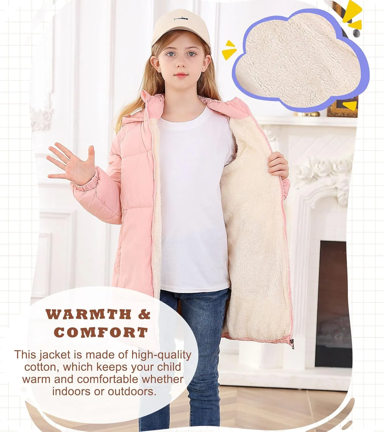 UNIFACO Girls Winter Coats Hooded Puffer Jackets Medium Length Down-like Cotton Coats Snow Outwear 5-12Y