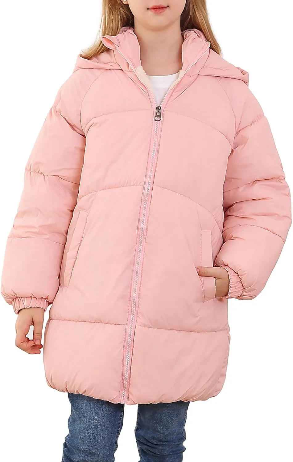 UNIFACO Girls Winter Coats Hooded Puffer Jackets Medium Length Down-like Cotton Coats Snow Outwear 5-12Y