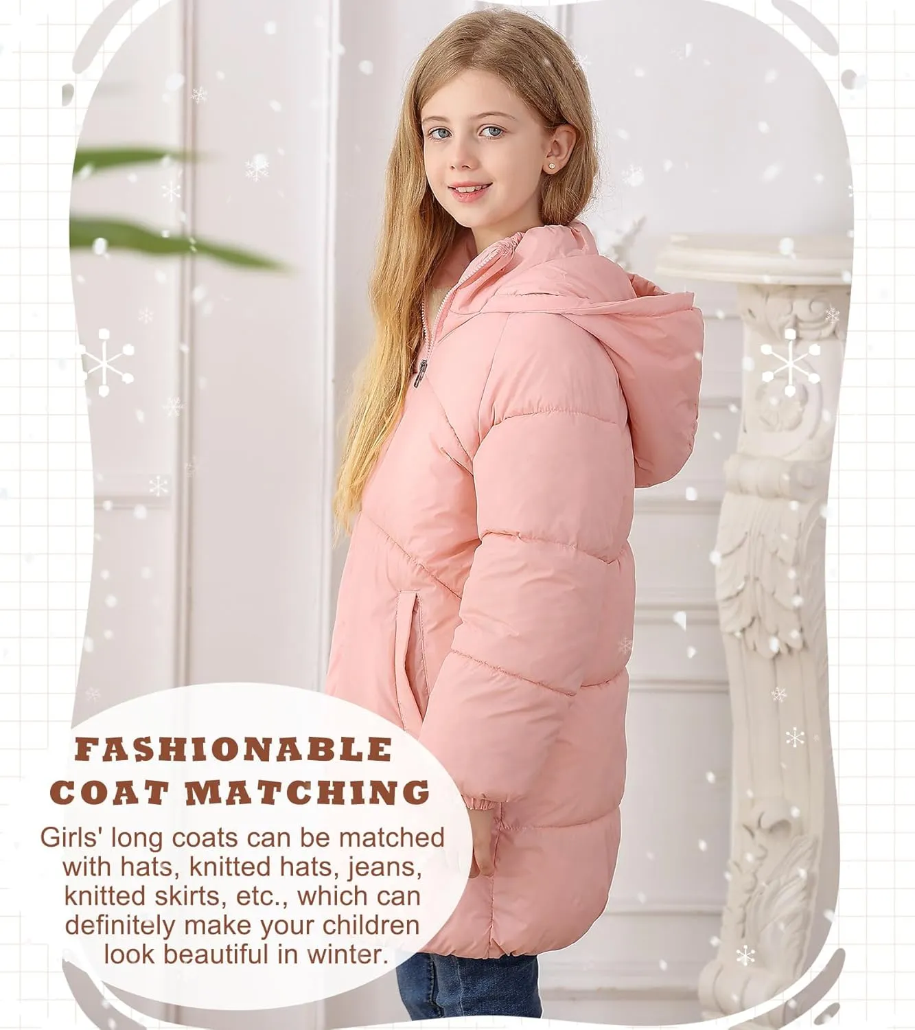 UNIFACO Girls Winter Coats Hooded Puffer Jackets Medium Length Down-like Cotton Coats Snow Outwear 5-12Y