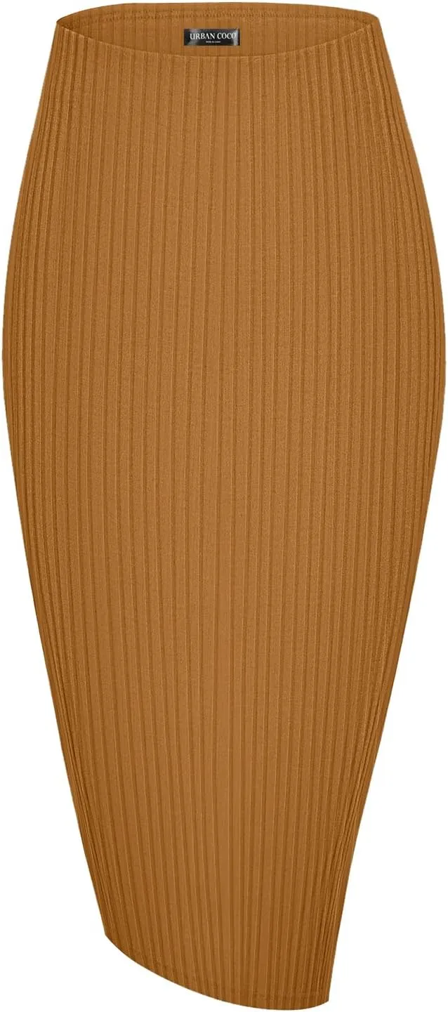 Urban CoCo Women's High Waist Stretch Ribbed Knit Pencil Skirt Midi Length with Side Slit Office Work Bodycon Style