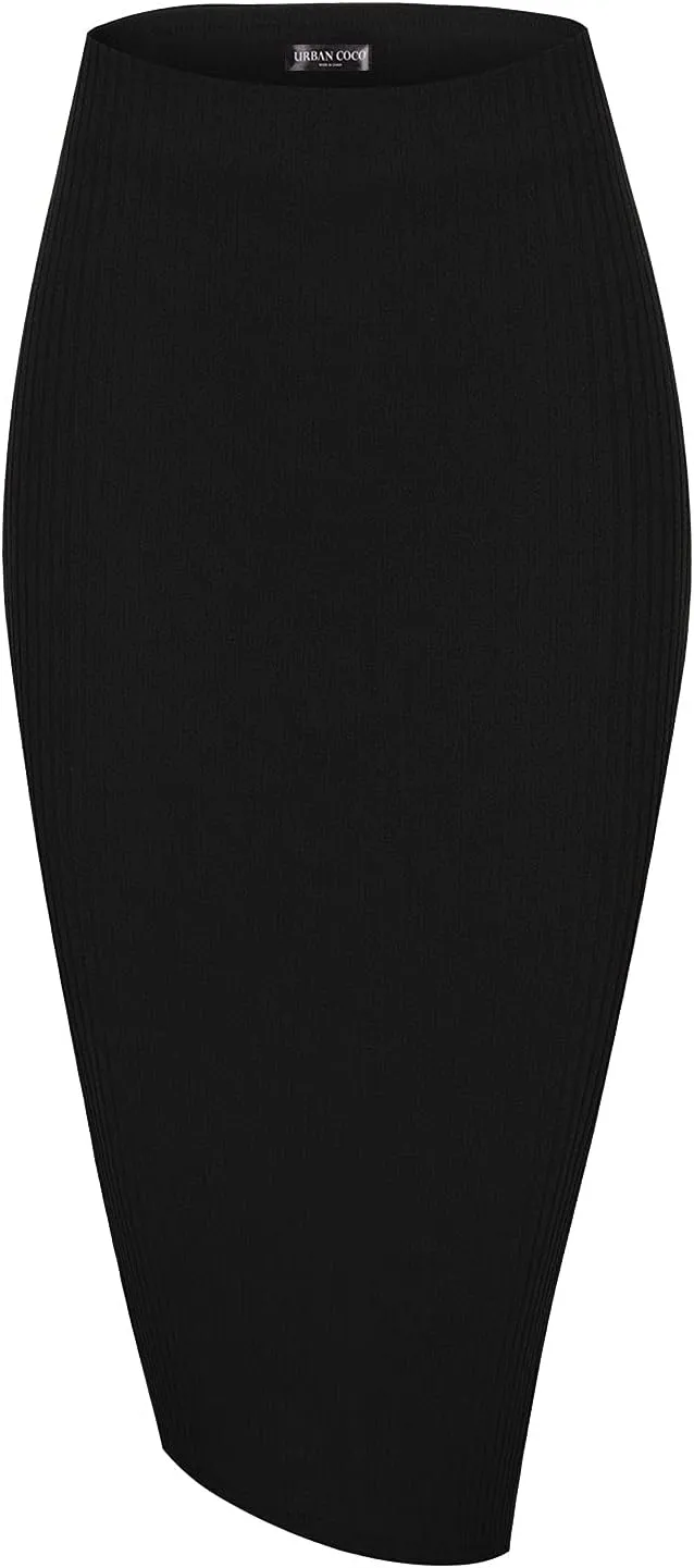 Urban CoCo Women's High Waist Stretch Ribbed Knit Pencil Skirt Midi Length with Side Slit Office Work Bodycon Style