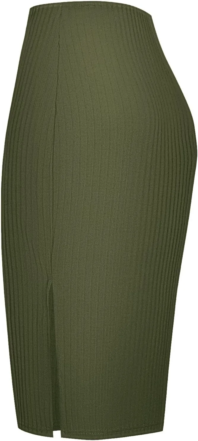 Urban CoCo Women's High Waist Stretch Ribbed Knit Pencil Skirt Midi Length with Side Slit Office Work Bodycon Style