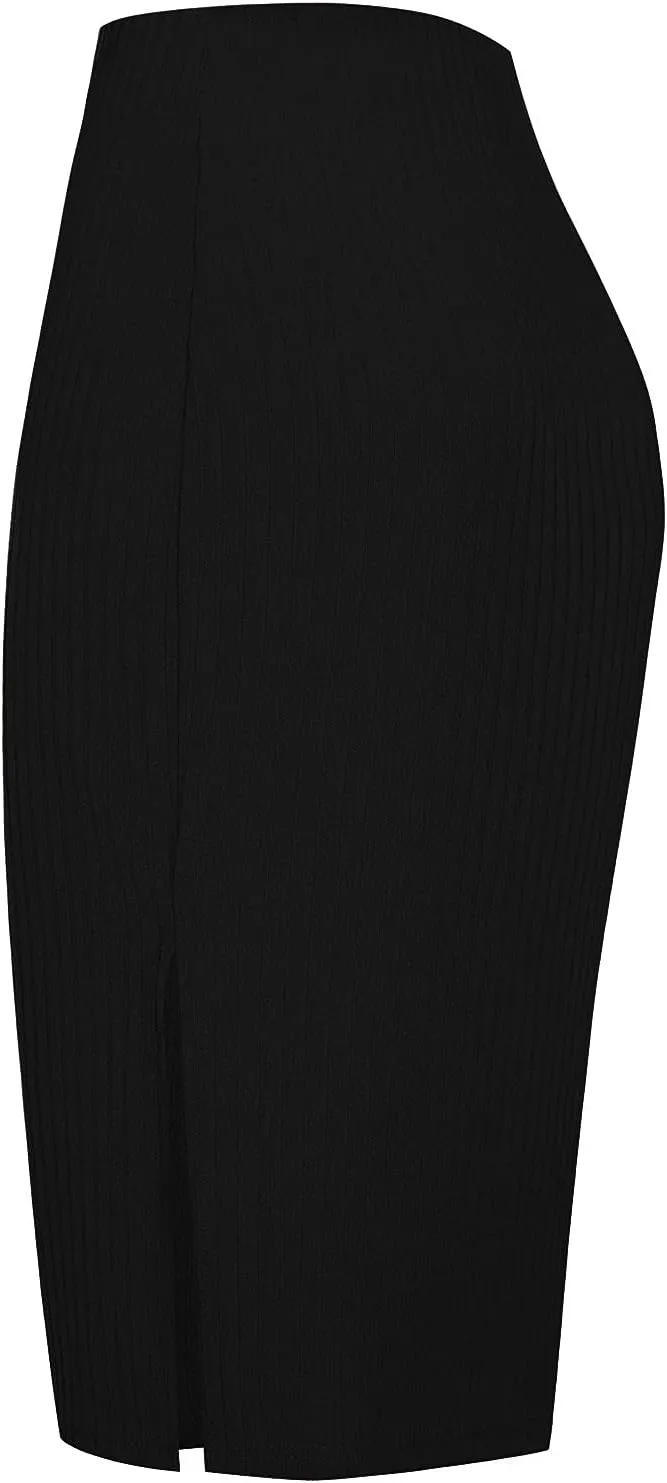 Urban CoCo Women's High Waist Stretch Ribbed Knit Pencil Skirt Midi Length with Side Slit Office Work Bodycon Style