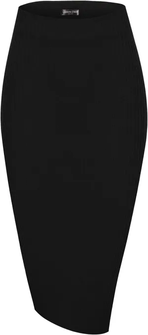 Urban CoCo Women's High Waist Stretch Ribbed Knit Pencil Skirt Midi Length with Side Slit Office Work Bodycon Style
