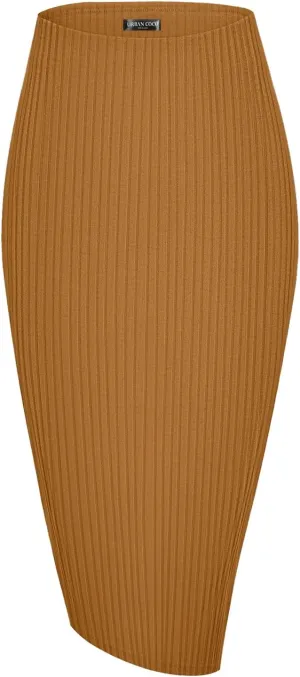 Urban CoCo Women's High Waist Stretch Ribbed Knit Pencil Skirt Midi Length with Side Slit Office Work Bodycon Style