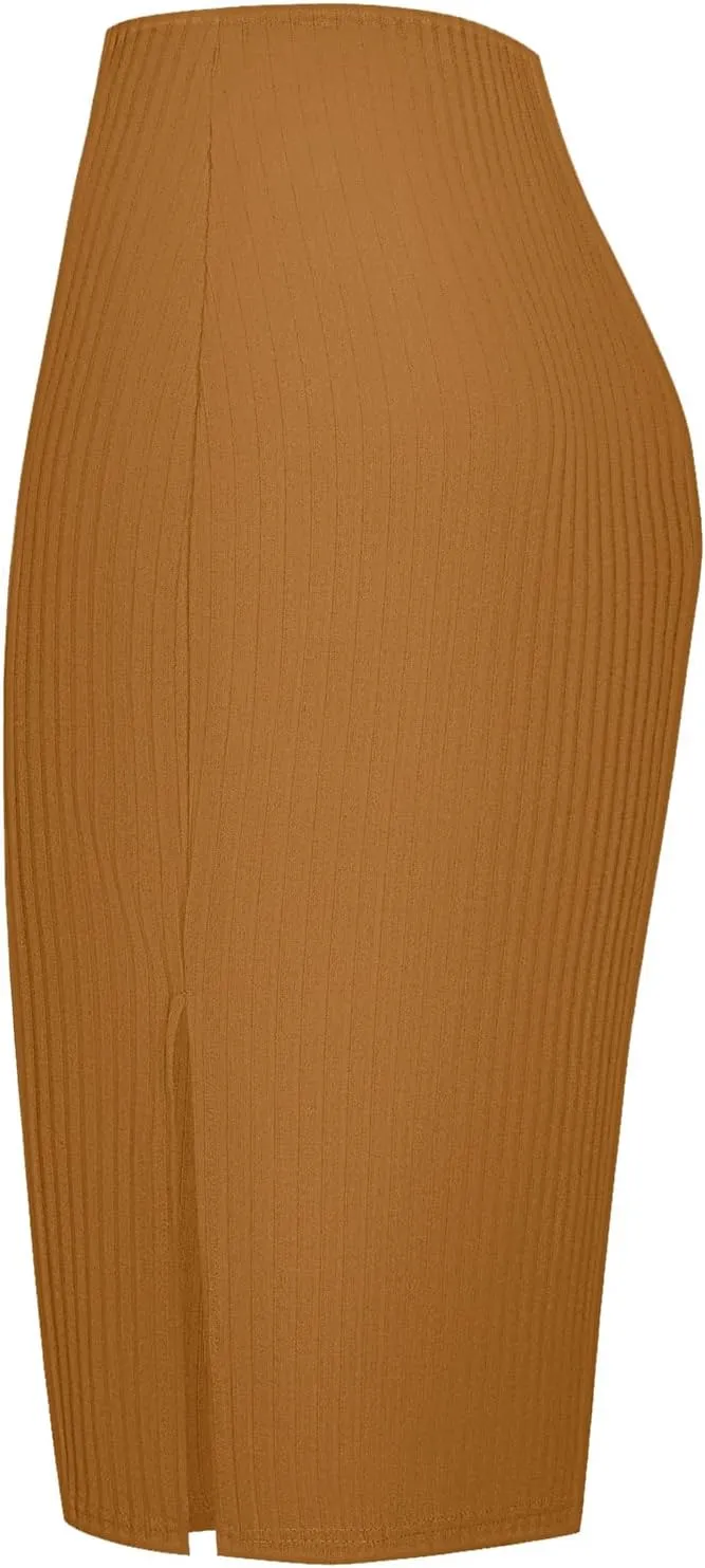 Urban CoCo Women's High Waist Stretch Ribbed Knit Pencil Skirt Midi Length with Side Slit Office Work Bodycon Style