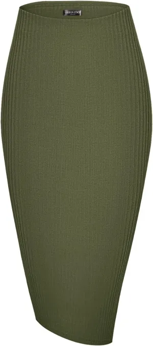 Urban CoCo Women's High Waist Stretch Ribbed Knit Pencil Skirt Midi Length with Side Slit Office Work Bodycon Style