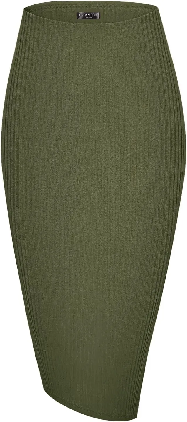 Urban CoCo Women's High Waist Stretch Ribbed Knit Pencil Skirt Midi Length with Side Slit Office Work Bodycon Style