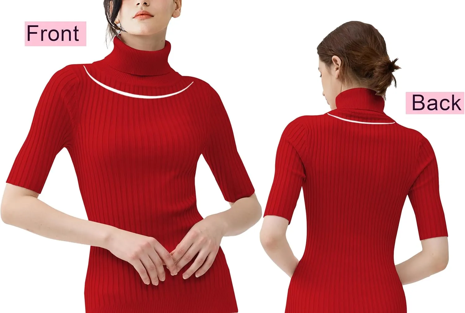 v28 Women Turtleneck 1/2 Half Sleeve Highly Stretchy Ribbed Knit Fitted Sweater