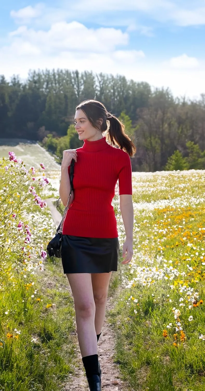 v28 Women Turtleneck 1/2 Half Sleeve Highly Stretchy Ribbed Knit Fitted Sweater