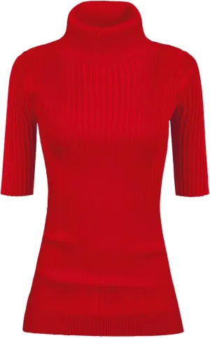 v28 Women Turtleneck 1/2 Half Sleeve Highly Stretchy Ribbed Knit Fitted Sweater