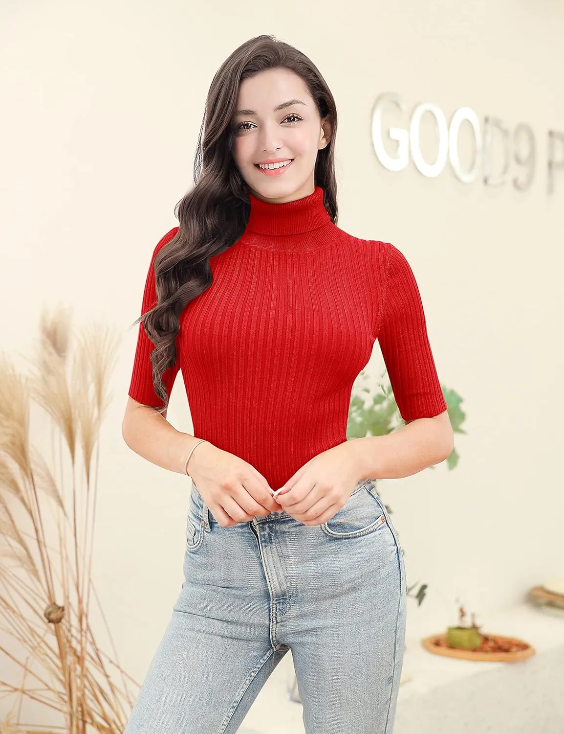 v28 Women Turtleneck 1/2 Half Sleeve Highly Stretchy Ribbed Knit Fitted Sweater