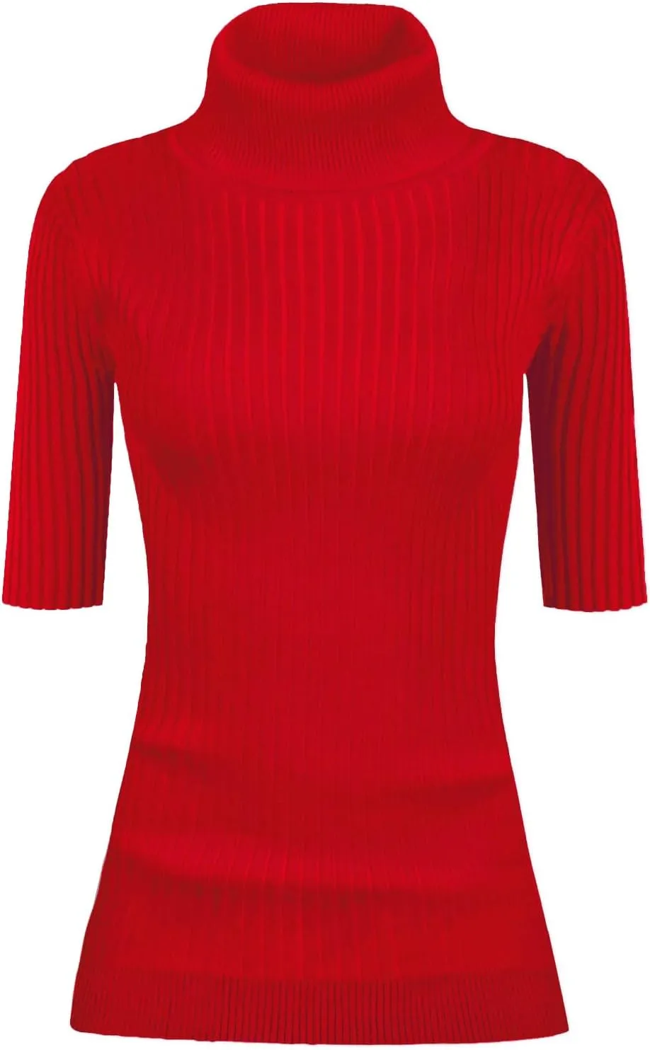 v28 Women Turtleneck 1/2 Half Sleeve Highly Stretchy Ribbed Knit Fitted Sweater
