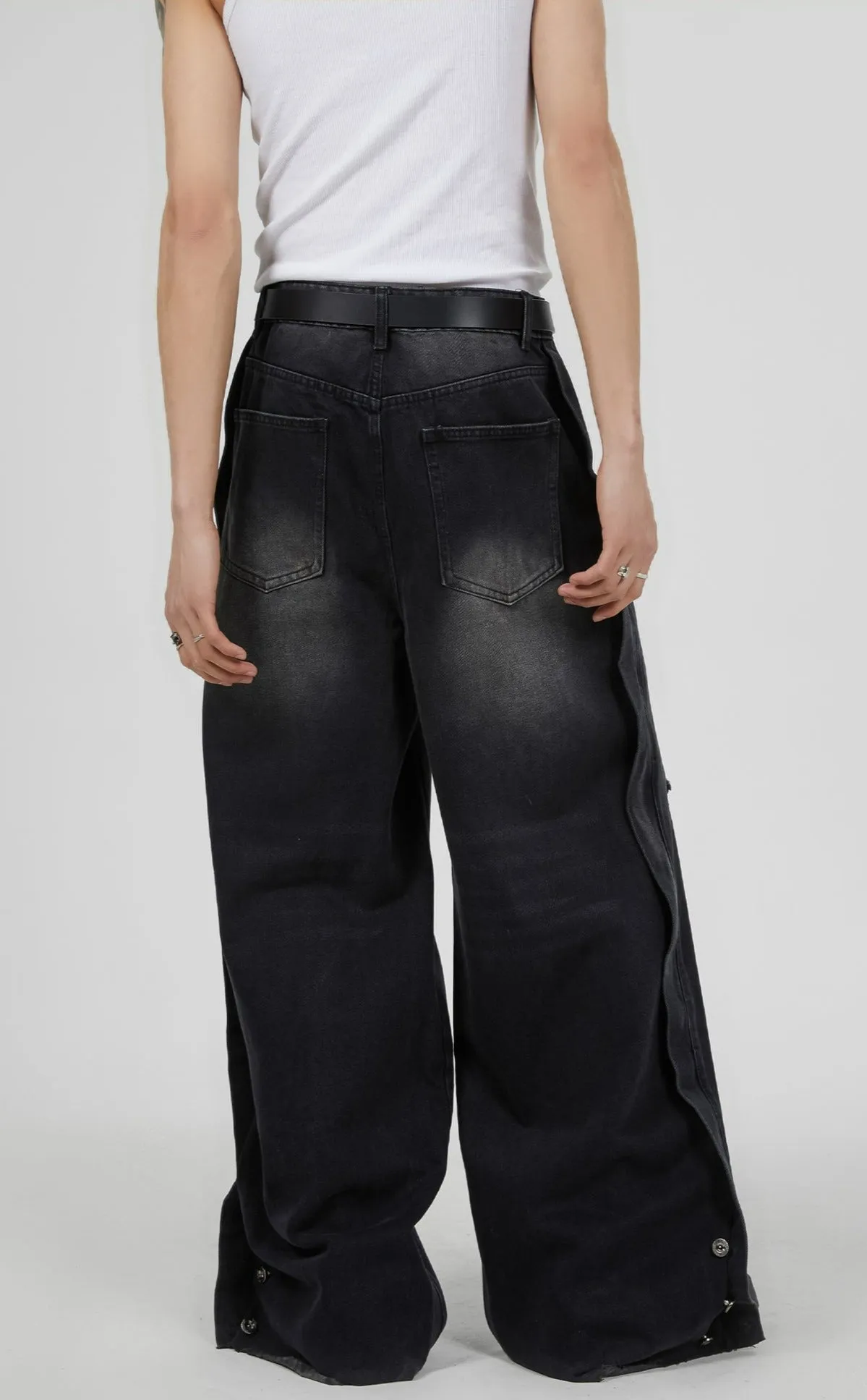 Vintage Washed Knee Ripped Wide-Leg Denim Jeans
