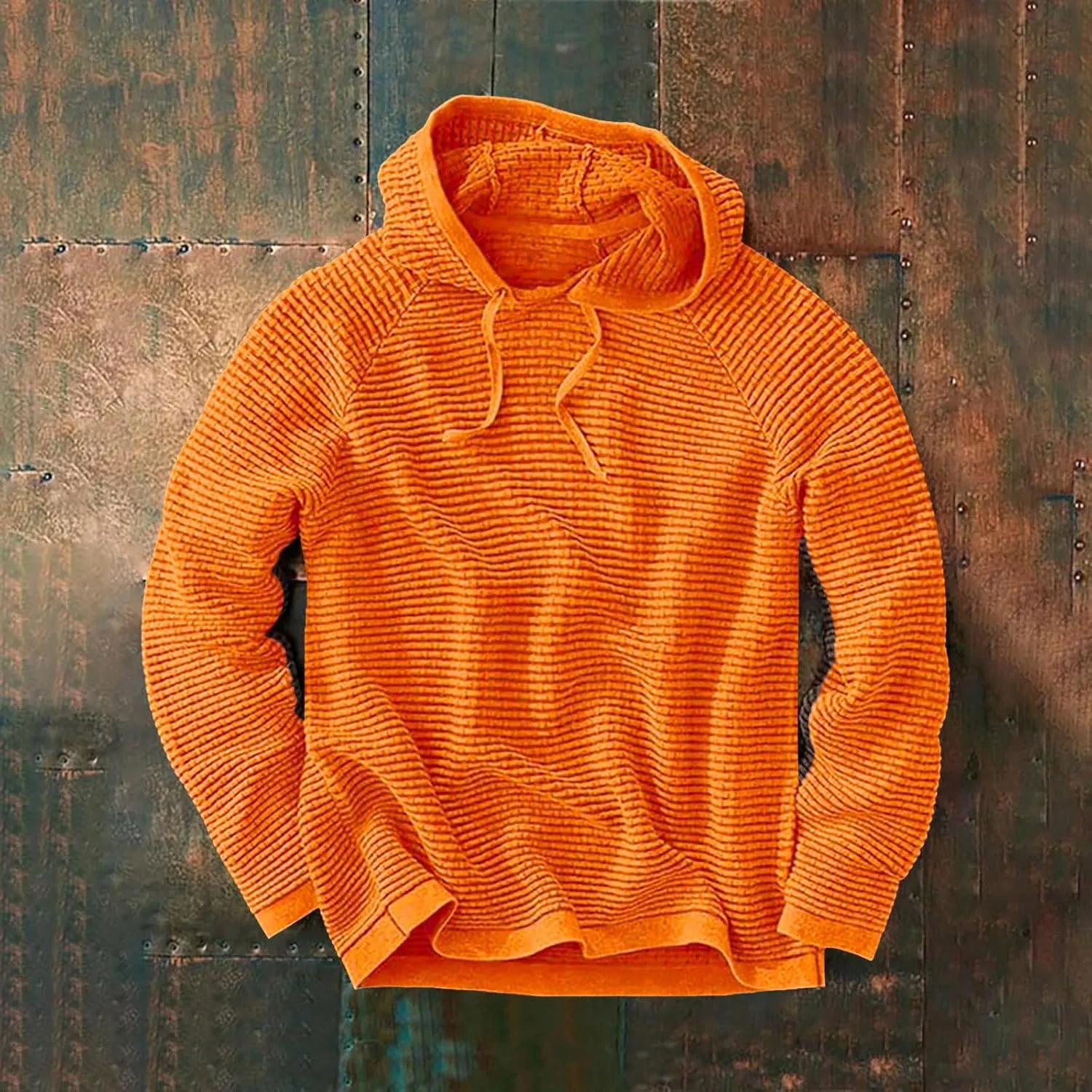 Waffle Hooded Sweatshirt for Men Long Sleeve Gym Athletic Hoodies Pure Color Drawstring Casual Pullover Tops