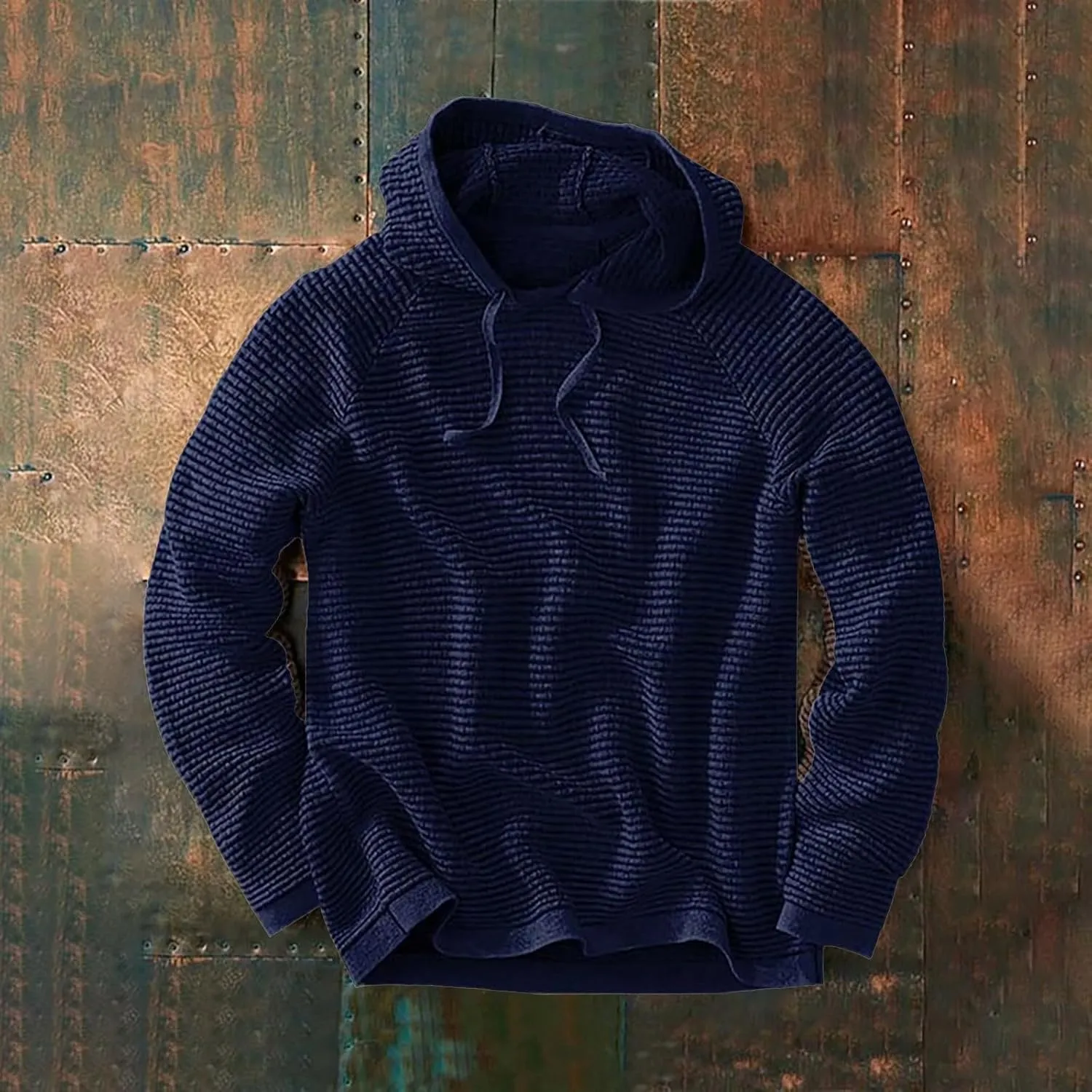 Waffle Hooded Sweatshirt for Men Long Sleeve Gym Athletic Hoodies Pure Color Drawstring Casual Pullover Tops