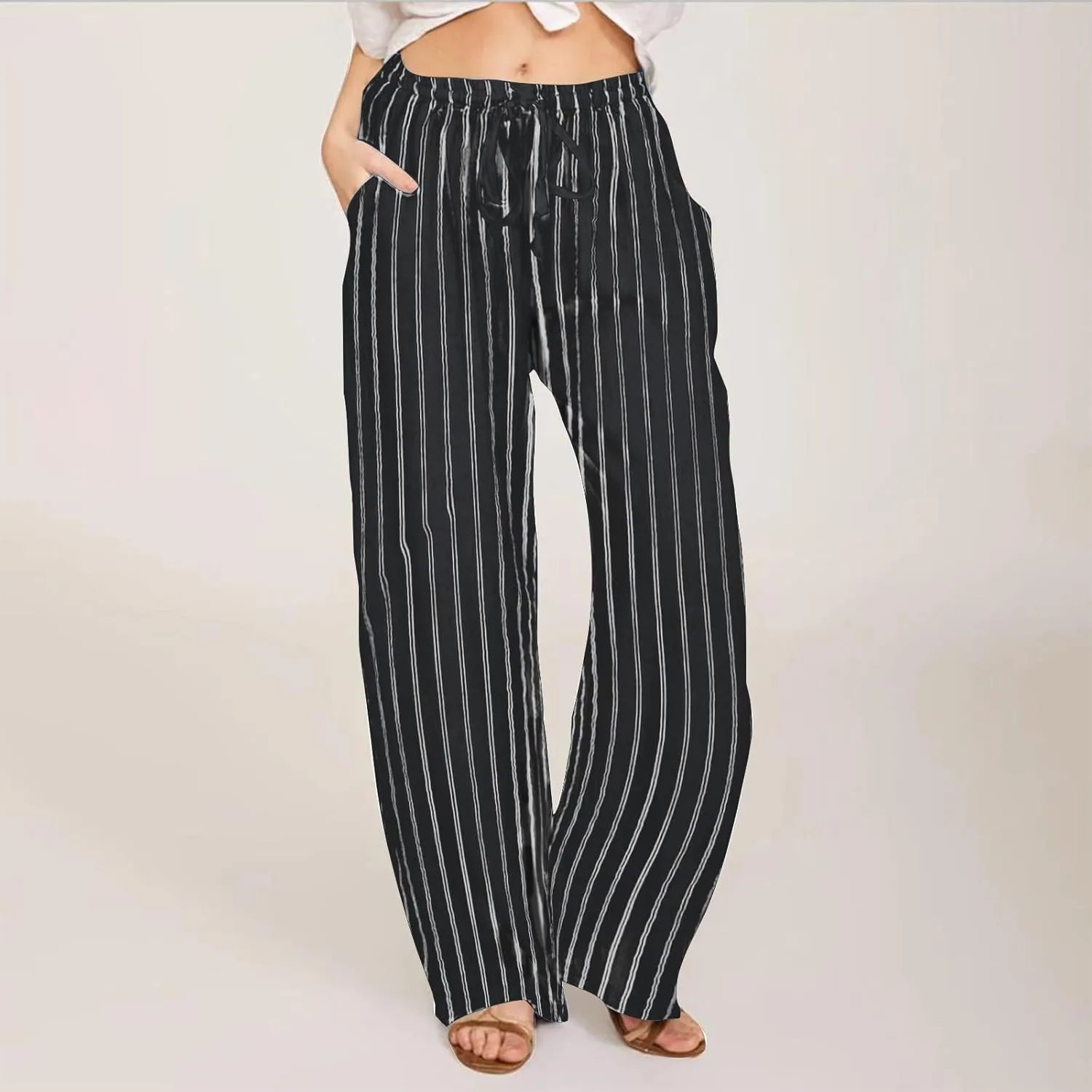 Wide Leg Cotton Linen Pants Women 2025 Summer Lightweight Lounge Pants High Waisted Loose Slacks Trousers with Pockets