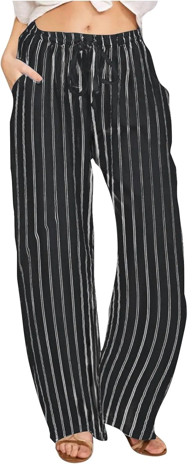 Wide Leg Cotton Linen Pants Women 2025 Summer Lightweight Lounge Pants High Waisted Loose Slacks Trousers with Pockets