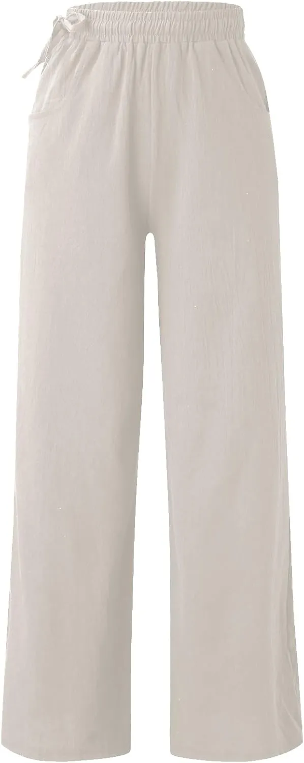 Wide Leg Linen Pants for Women Summer Drawstring Beach Pants Loose Lounge Palazzo Trouser Beach Trousers Outfits