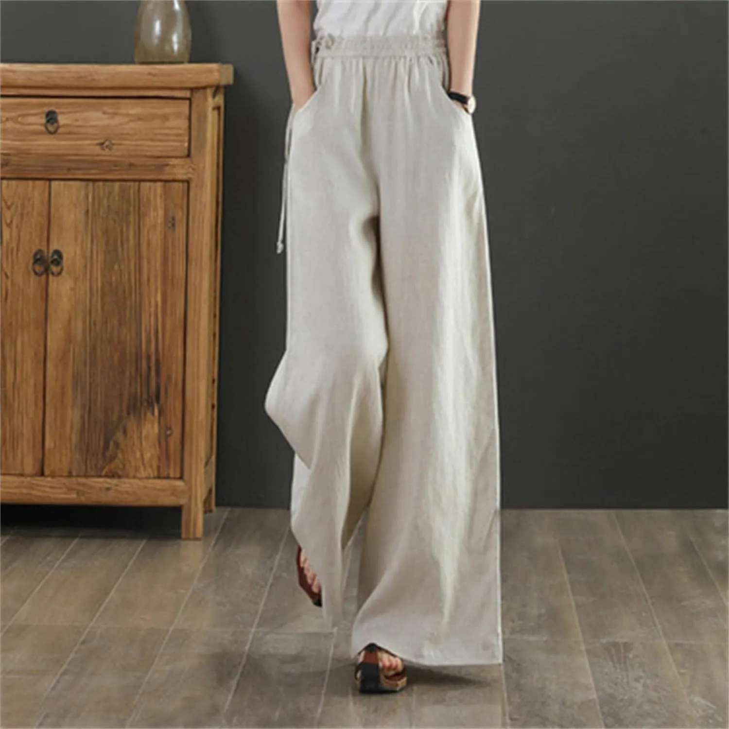 Wide Leg Linen Pants for Women Summer Drawstring Beach Pants Loose Lounge Palazzo Trouser Beach Trousers Outfits