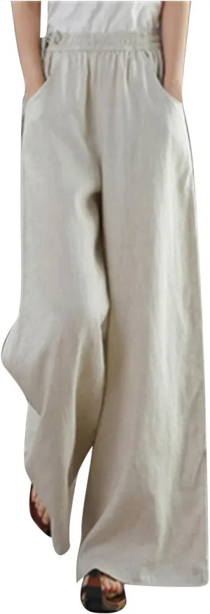 Wide Leg Linen Pants for Women Summer Drawstring Beach Pants Loose Lounge Palazzo Trouser Beach Trousers Outfits