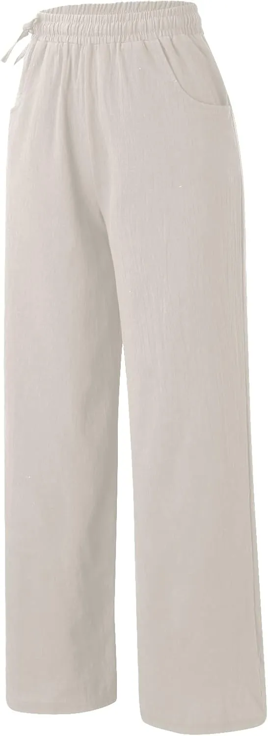Wide Leg Linen Pants for Women Summer Drawstring Beach Pants Loose Lounge Palazzo Trouser Beach Trousers Outfits