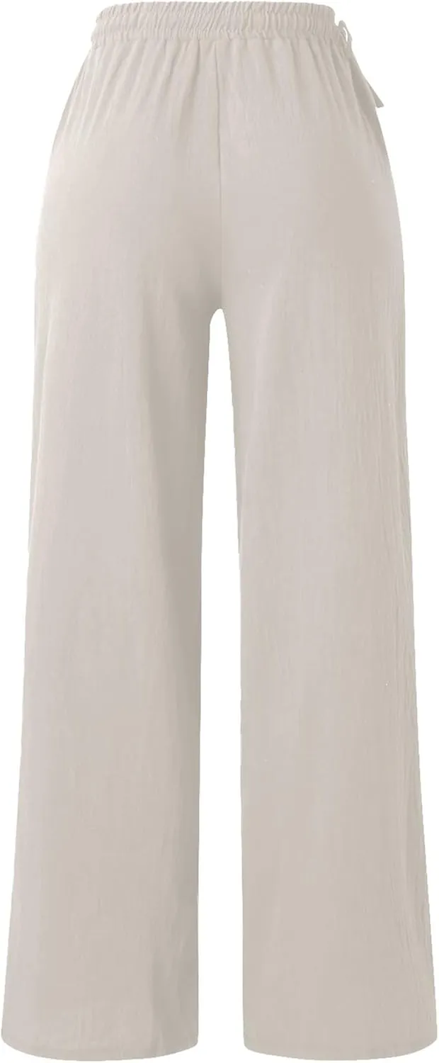 Wide Leg Linen Pants for Women Summer Drawstring Beach Pants Loose Lounge Palazzo Trouser Beach Trousers Outfits