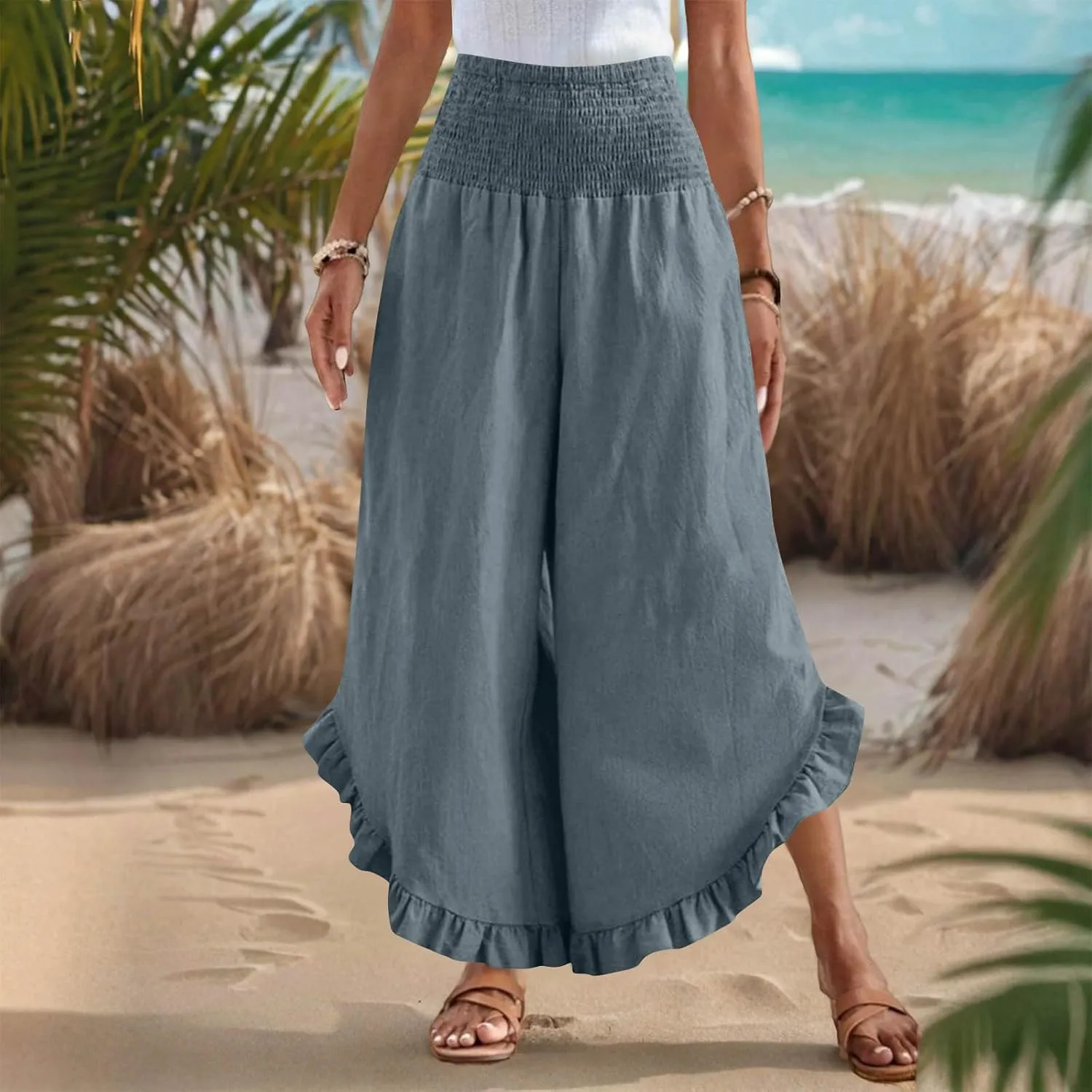 Wide Leg Pants Woman,High Waisted Flowy Pants for Women Ruffle Hem Cropped Elastic Waist Beach Office Boho Trousers