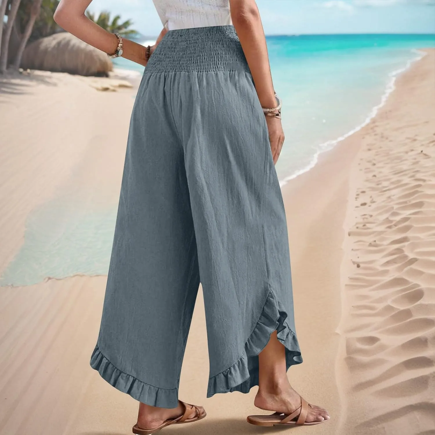 Wide Leg Pants Woman,High Waisted Flowy Pants for Women Ruffle Hem Cropped Elastic Waist Beach Office Boho Trousers