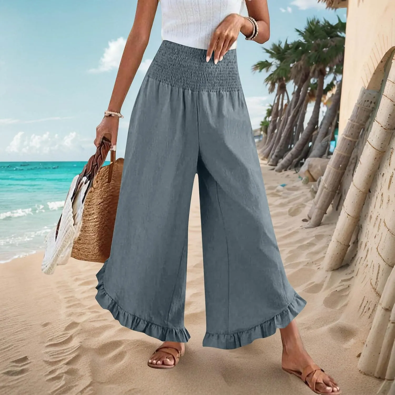 Wide Leg Pants Woman,High Waisted Flowy Pants for Women Ruffle Hem Cropped Elastic Waist Beach Office Boho Trousers